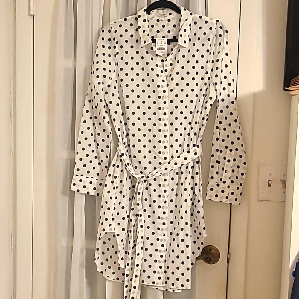 J. Crew White Mini Shirt Dress with Black Polka Dots and Self-Tie Waist